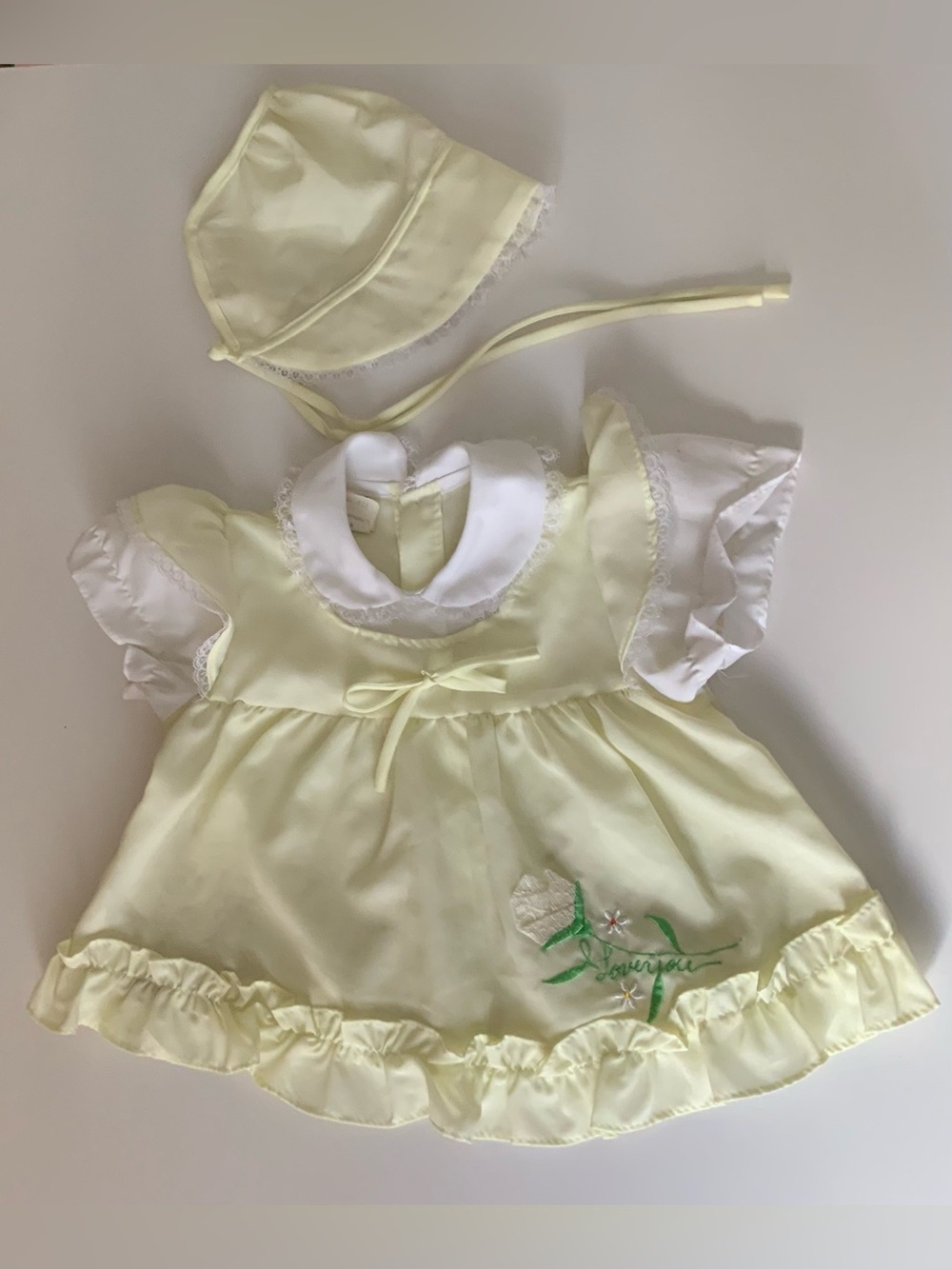 Vintage 70s Pale Yellow Baby Dress with Matching Bonnet